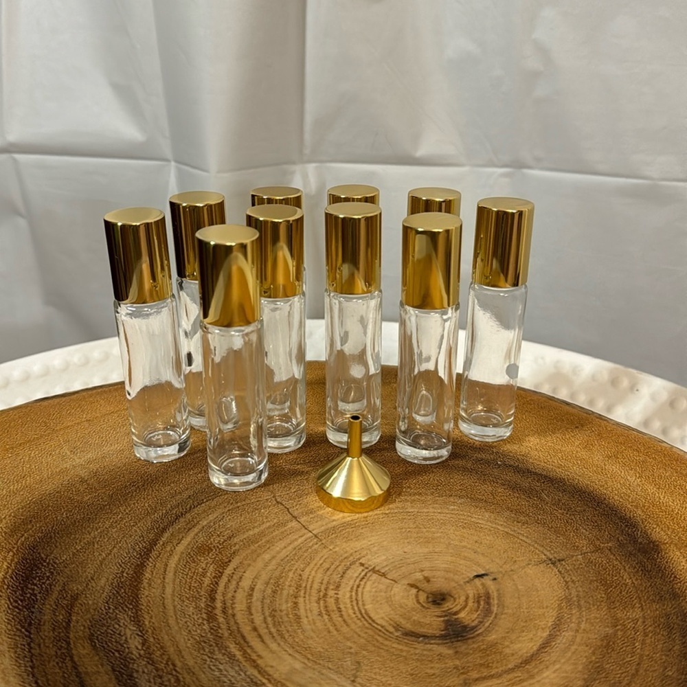 10 - clear glass & gold lids 10 ml rollerball bottles - perfume /essential oils.